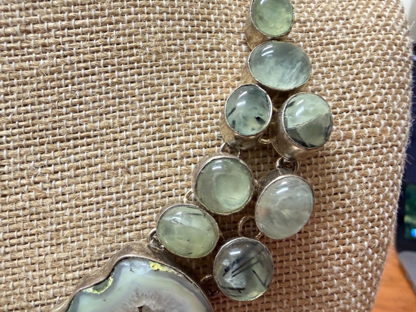 925 Silver Prehnite Agate Slice Bib Necklace Druzy Tourmaline Geode Boho Jewelry