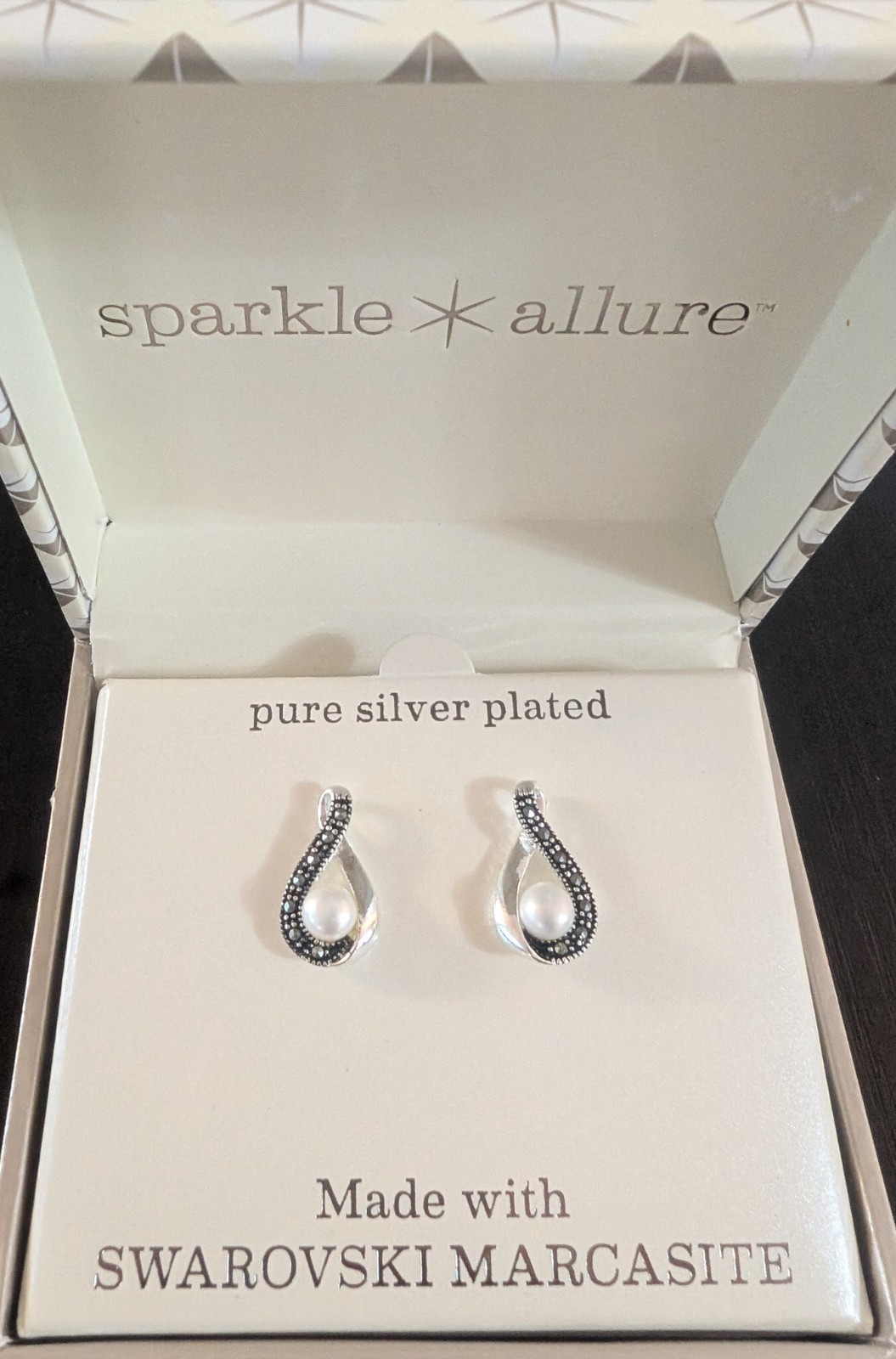 Sparkle Allure Silver Plated Faux Pearl with Swarovski Marcasite Drop Earrings