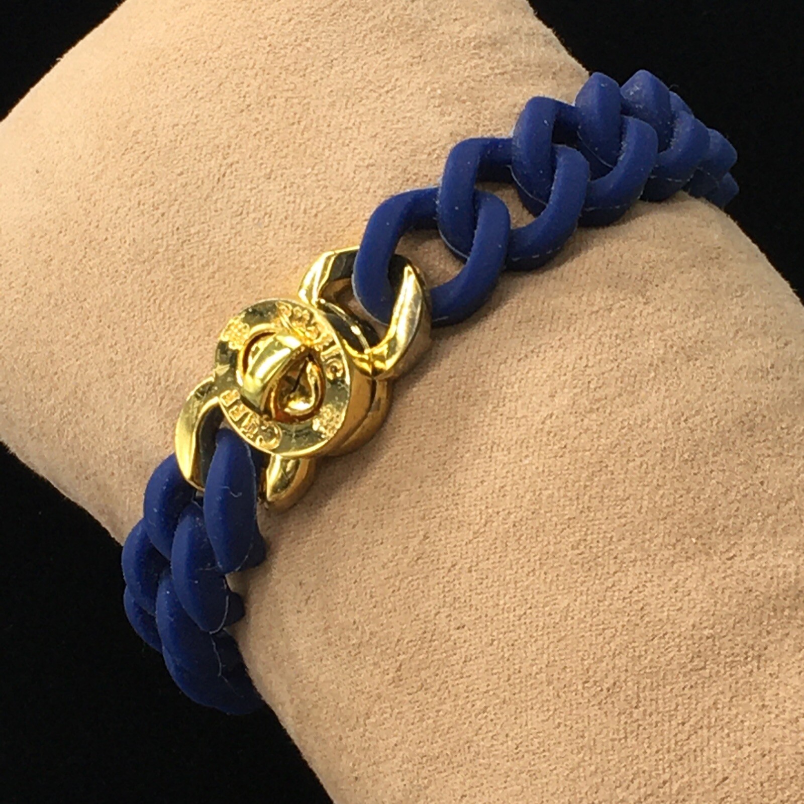 Rustic Cuff Gold Tone Turn Lock Navy Blue Silicone Stretch Mock Chain Bracelet