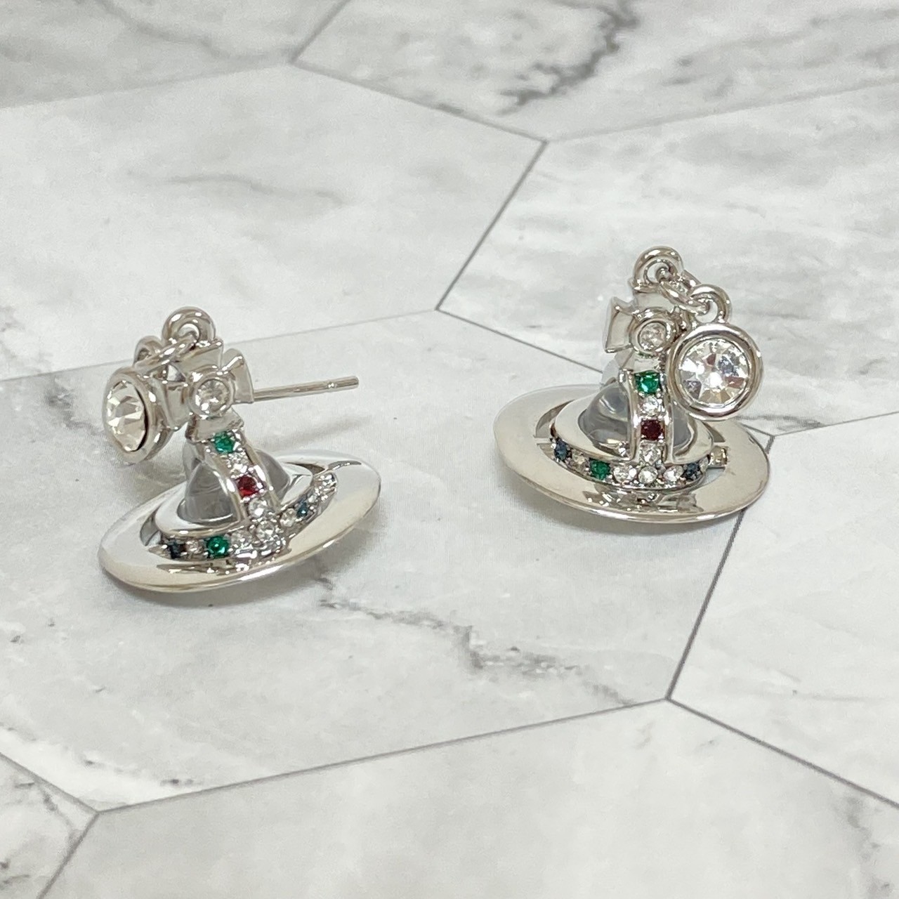 Vivienne Westwood Earrings Petite Orb Silver Clear Multi 2.5 x 1.4cm w/Pouch