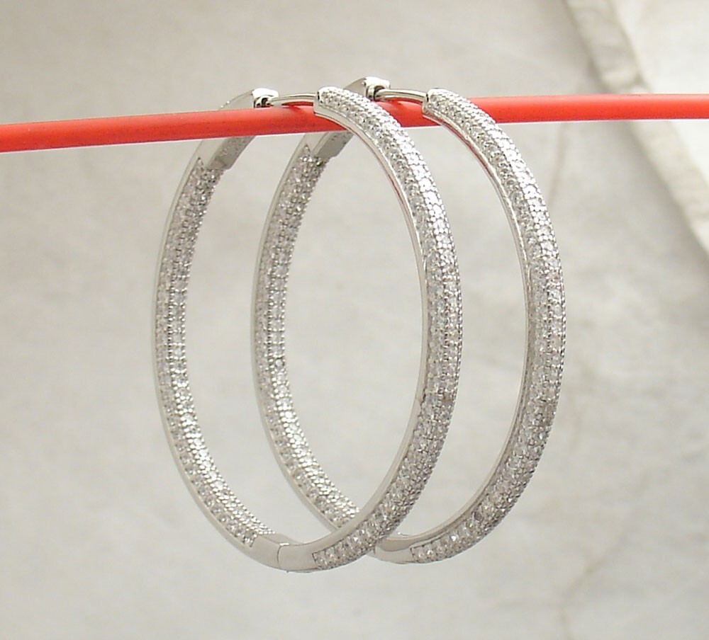 1 1/2″ Inside Out Pave Set Diamonique CZ Hoop Earrings AntiTarnish 925 Silver