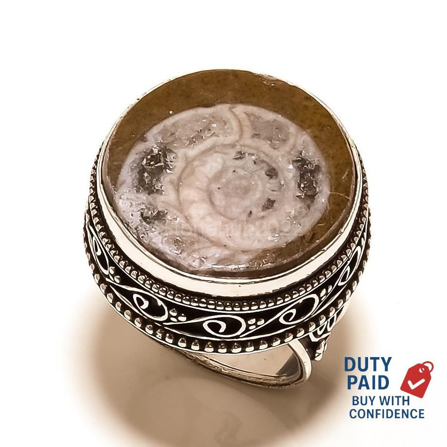 Natural Ammonite Fossil 925 Sterling Silver Wife Statement Handmade Ring Size 7