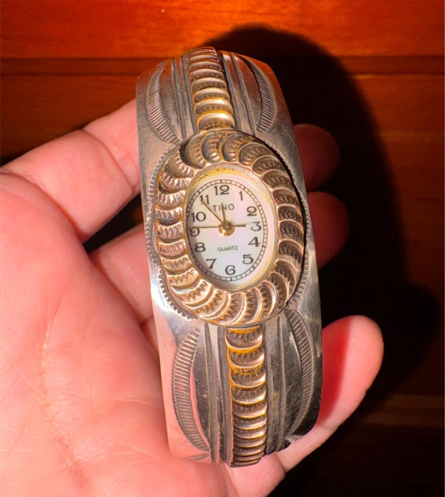 Navajo Carson Blackgoat Stamped Sterling Quartz Watch Bracelet
