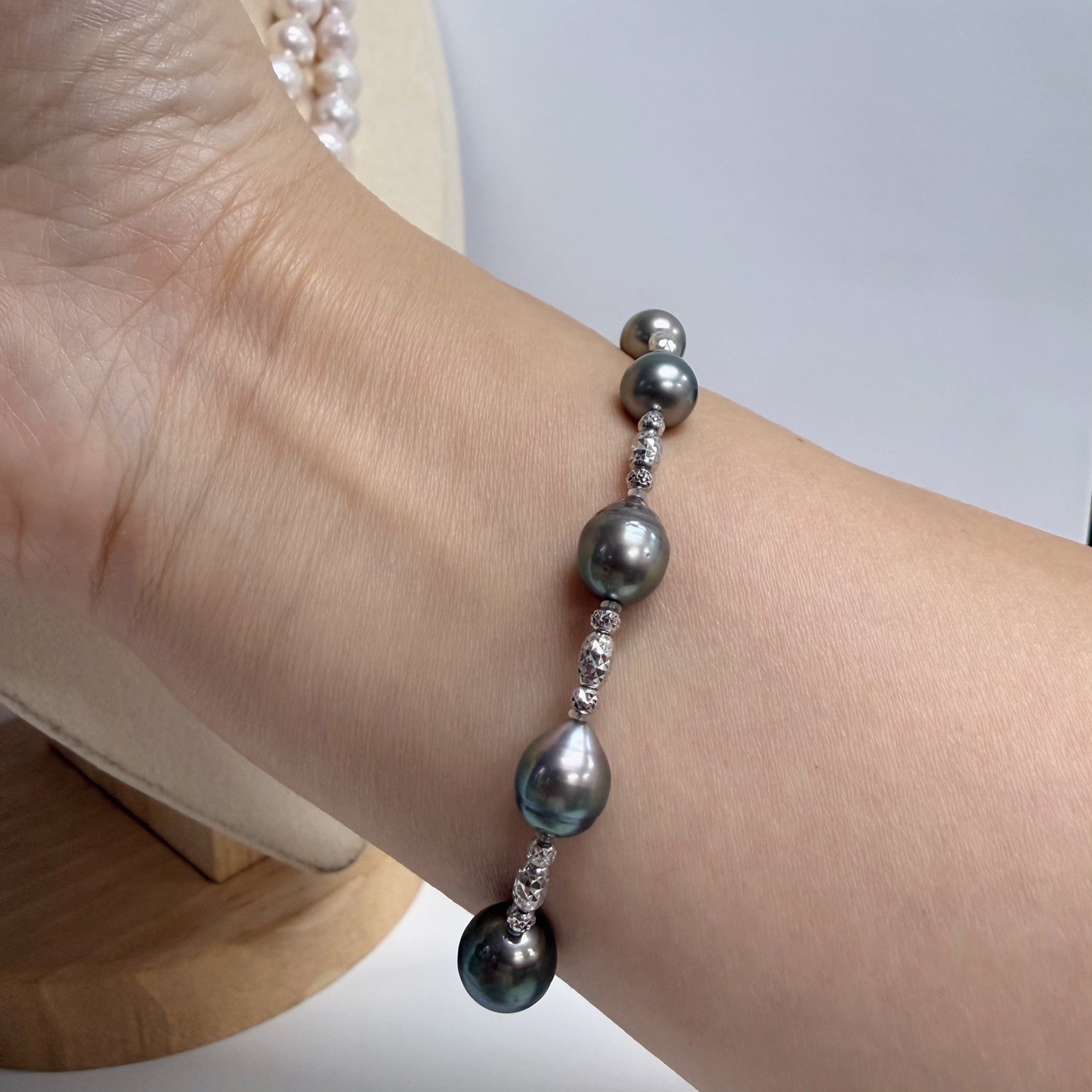 7-9mm Black Green Baroque Tahitian cultured pearl Bracelet sterling sliver,7.6″