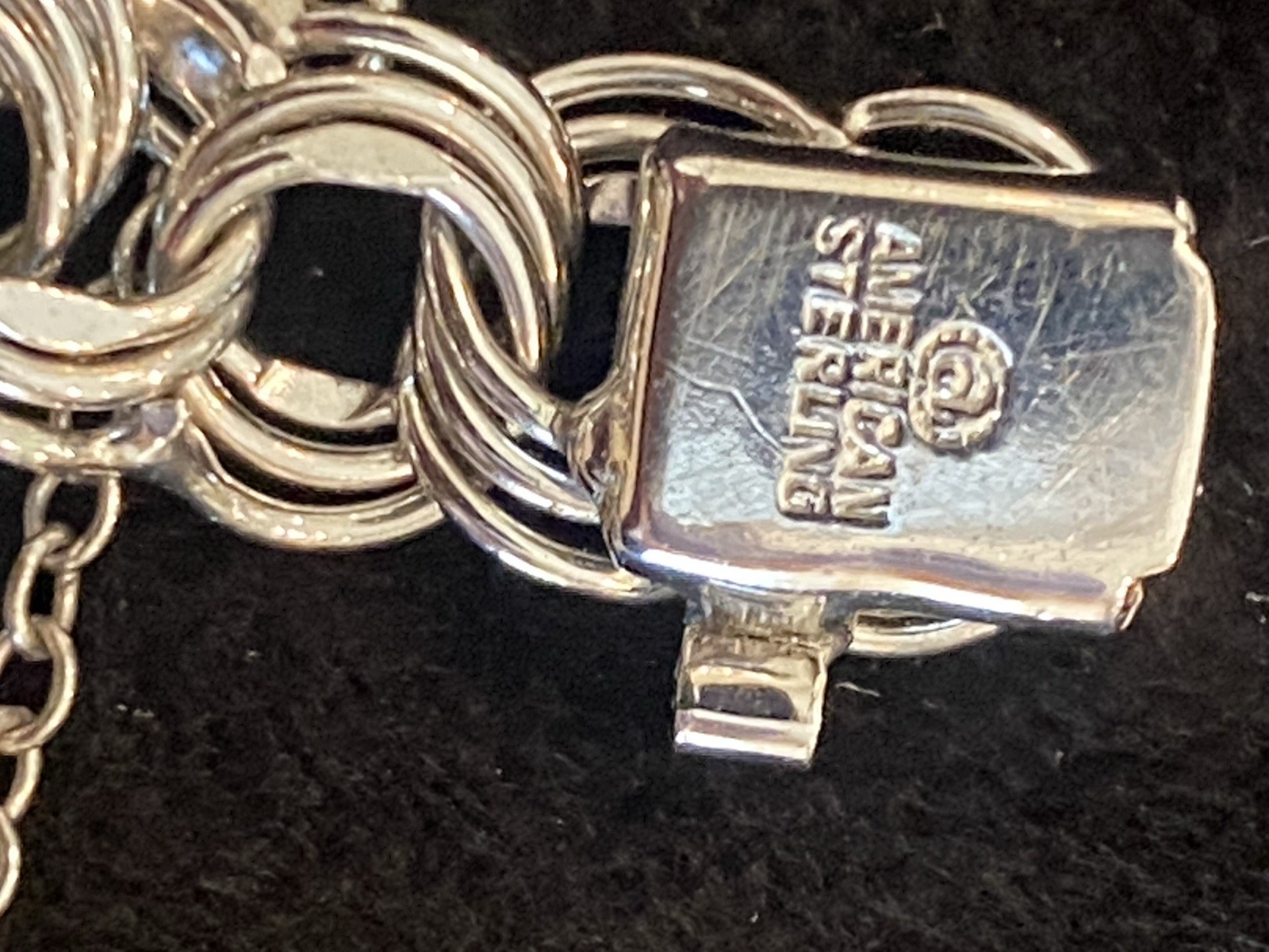 American Sterling 925 Triple Ring Charm Bracelet W/ Safety Chain/clasp 8” 11.30g