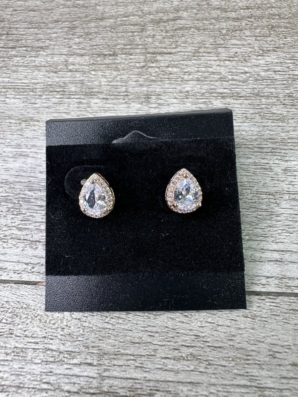 Rose Gold Tone Pear Halo Stud Earrings 1/2″ L x 3/8″ W CZ Crystal Fashion