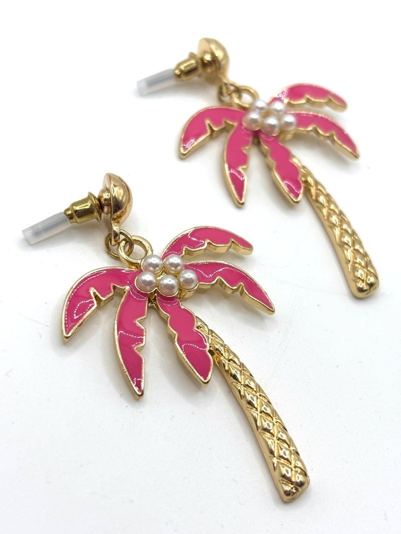Tropical Vibrant Pink Palm Tree “Pearl” Coconut Gold Tone Summer Earrings New