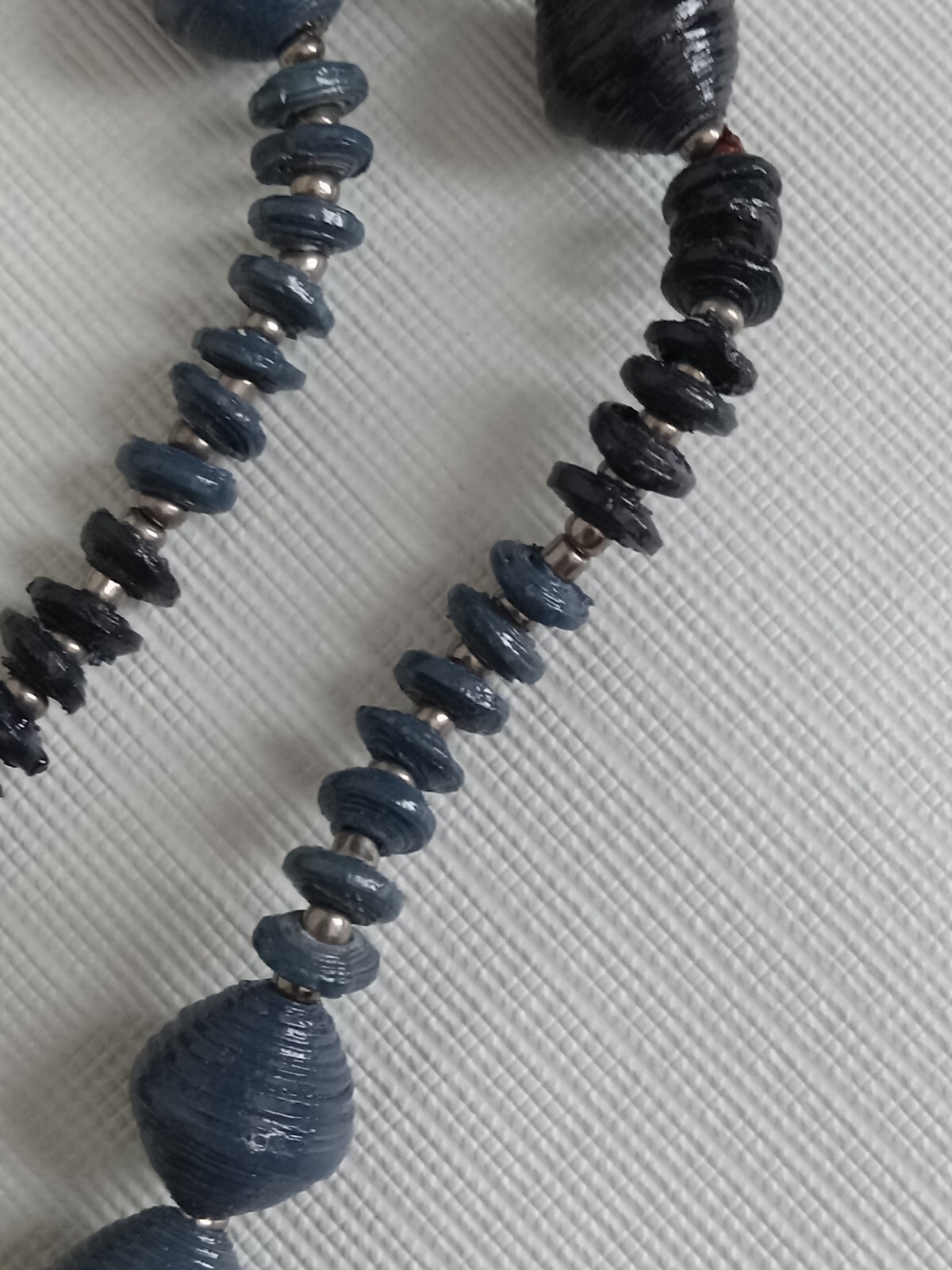 Shades of Blue Lightweight Ribbed Paper Beads Long Length Single Strand Necklace