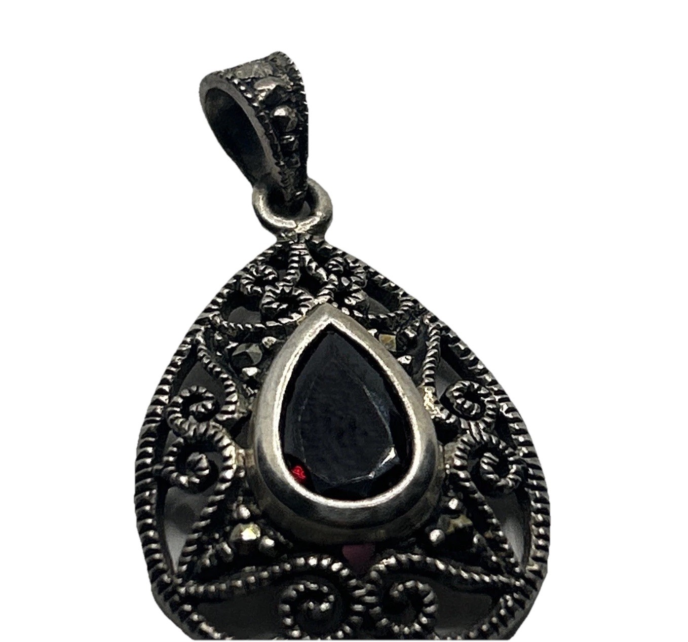 Vintage Garnet 925 Sterling Silver Pendant Pear Shaped