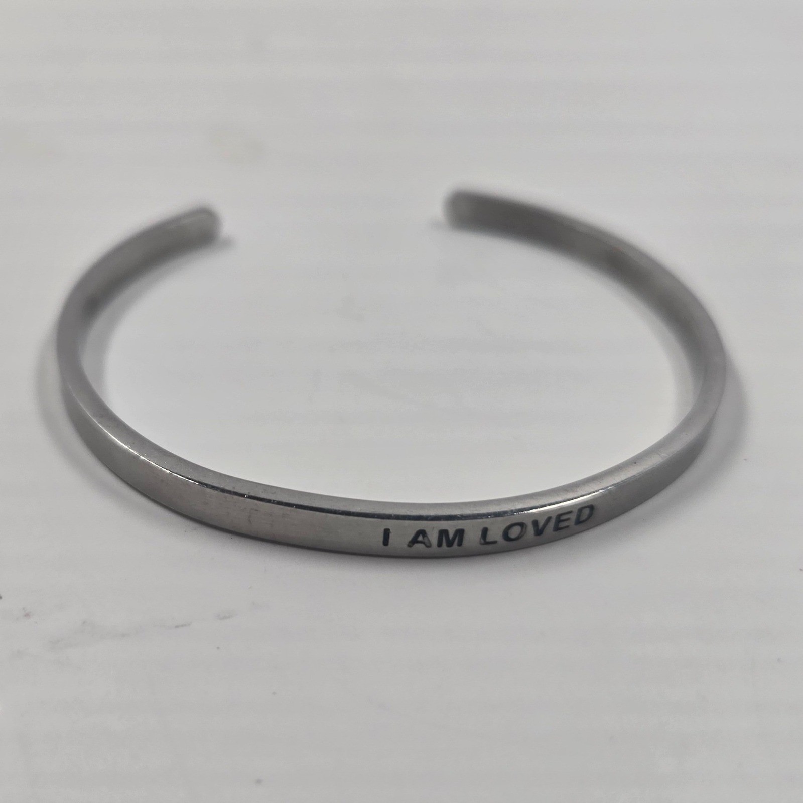 I AM LOVED Engraved Silver Tone Cuff Bracelet Inspirational Message Bangle