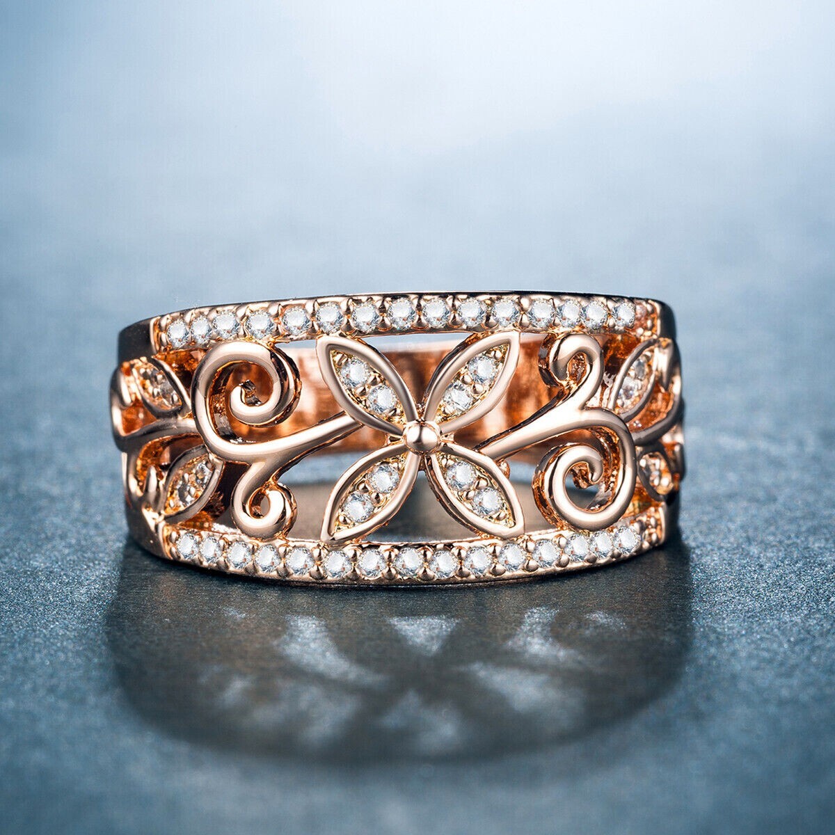 Trendy Flower Ring 1.80 Ct CZ Pretty Women Proposal Band 14K Rose Gold Plated