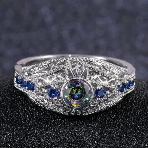 2 Ct CZ Vintage Style Ring 925 Silver Plated Intricate Design Gift Ring For Men