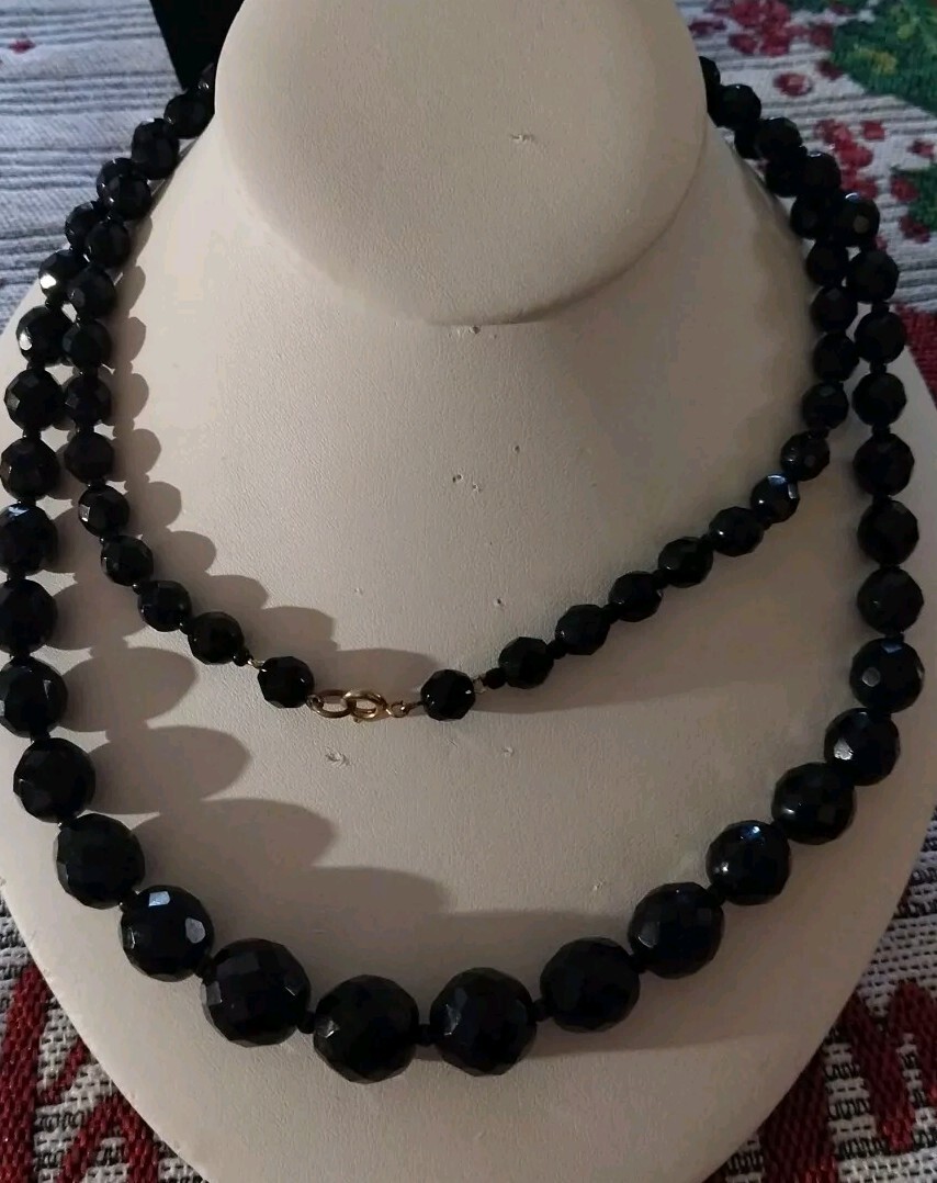 Two Vtg 1950’s Black Faceted Glass Necklaces. One 17 Inches The Other Is 34…