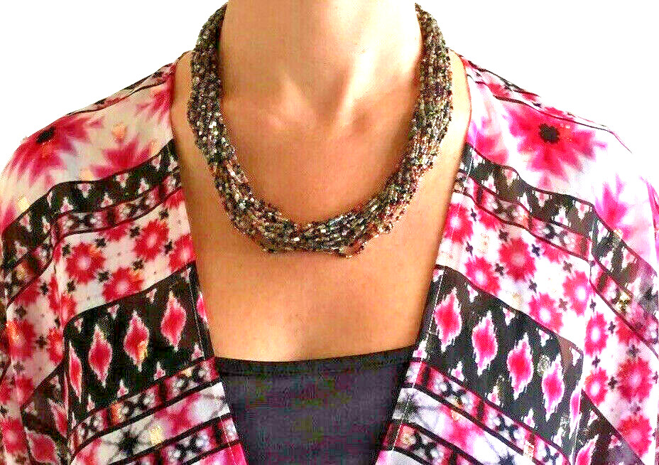 Colorful Beaded Necklace with Multiple Twisted Strands 21 inches long