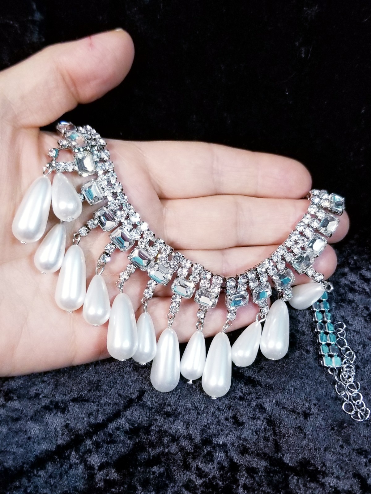 Clear Crystal Choker Rhinestone Created Pearls Necklace Bridal Prom Pageant