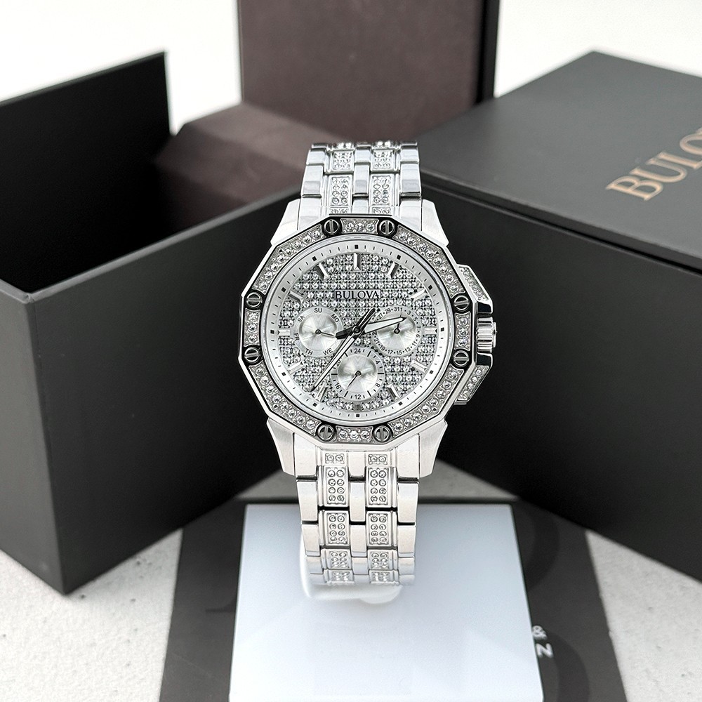 Bulova Men’s Octava Crystal 96C134 Silver Dial Stainless Quartz Watch 41.5mm