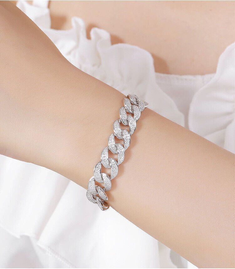 Real Miami Cuban Link Prong Chain Iced Out Hip Hop Men Bracelet 925 Silver 12mm