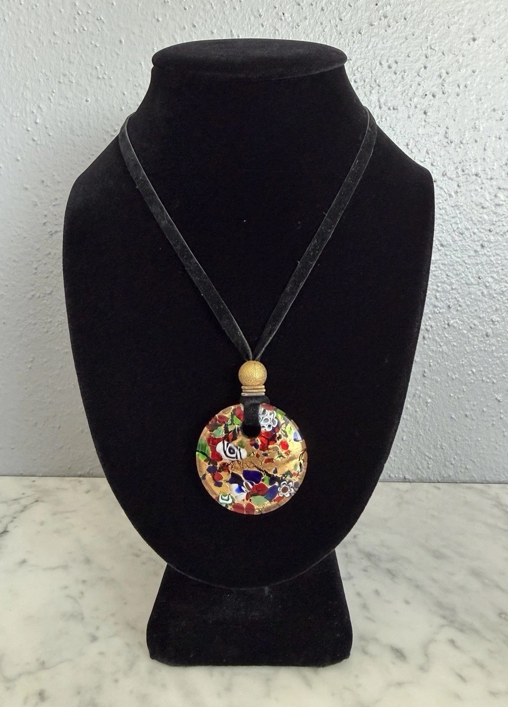 Vintage Italy Vetro Di Murano Black Cord Multi-Color Glass Pendant Necklace 16″