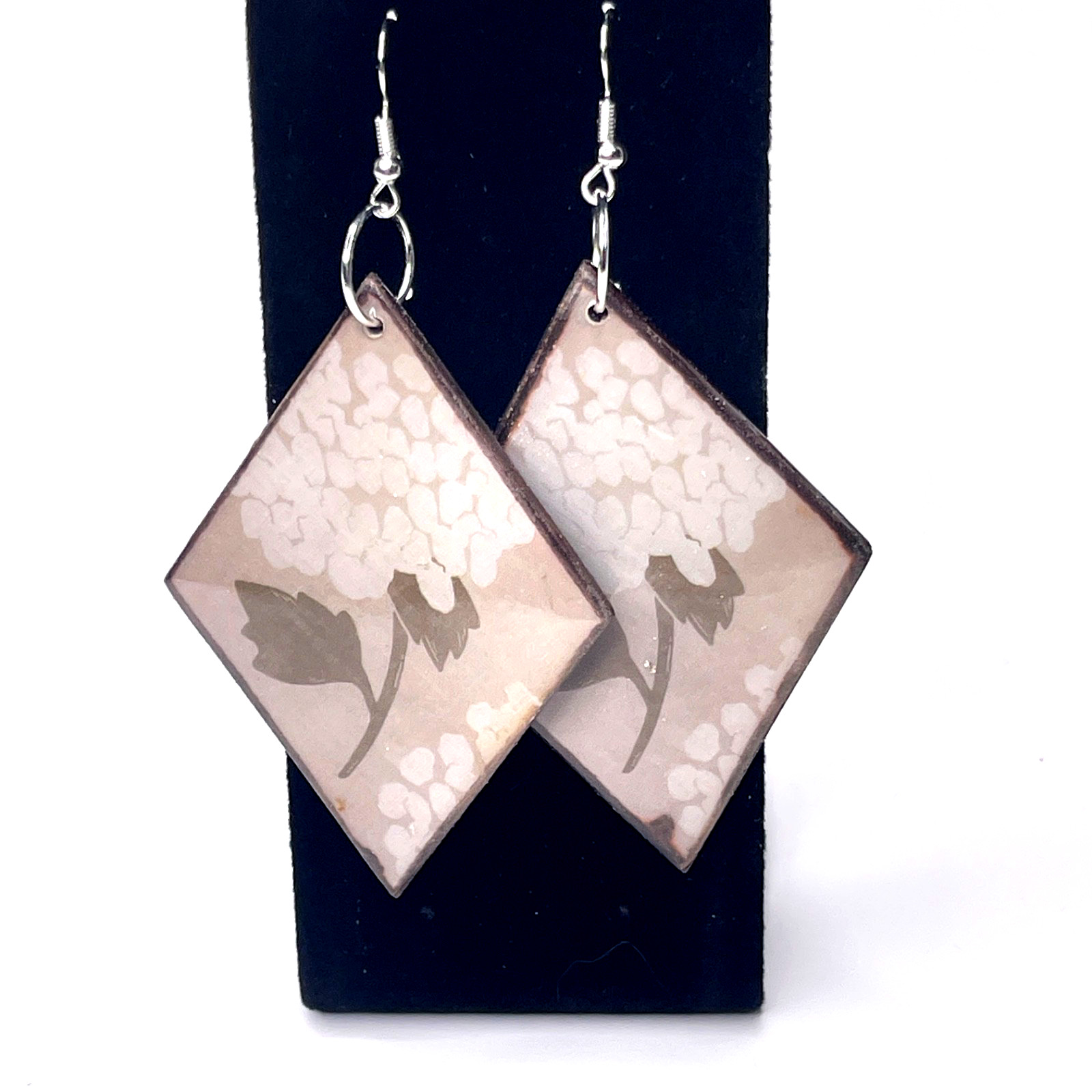 Earrings: 3.75in Handmade Brown Floral Diamond Shape Decoupage Wood Dangle/Drop