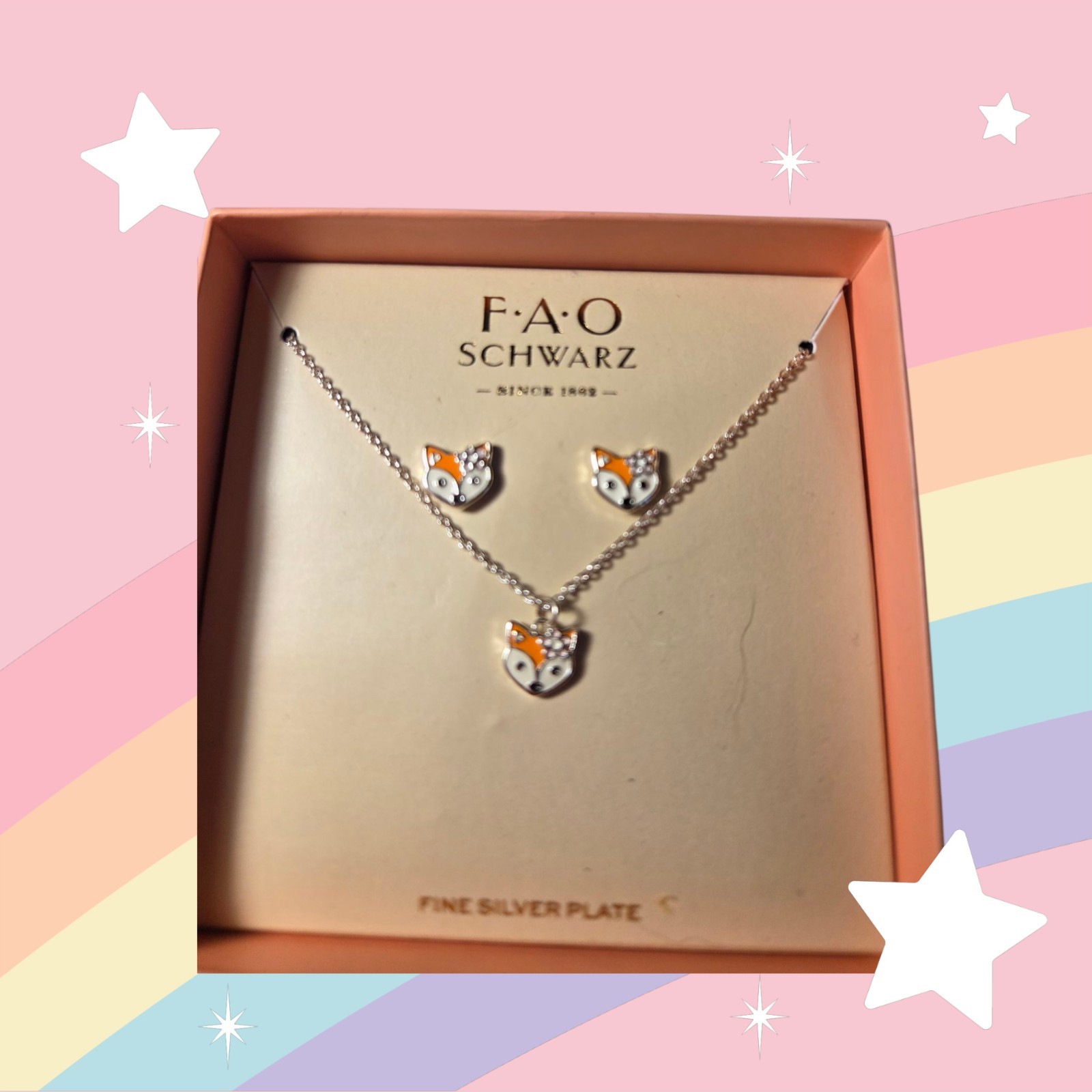 FAO Schwarz Fine Silver Plate Fox Necklace and Earring Set New in Box