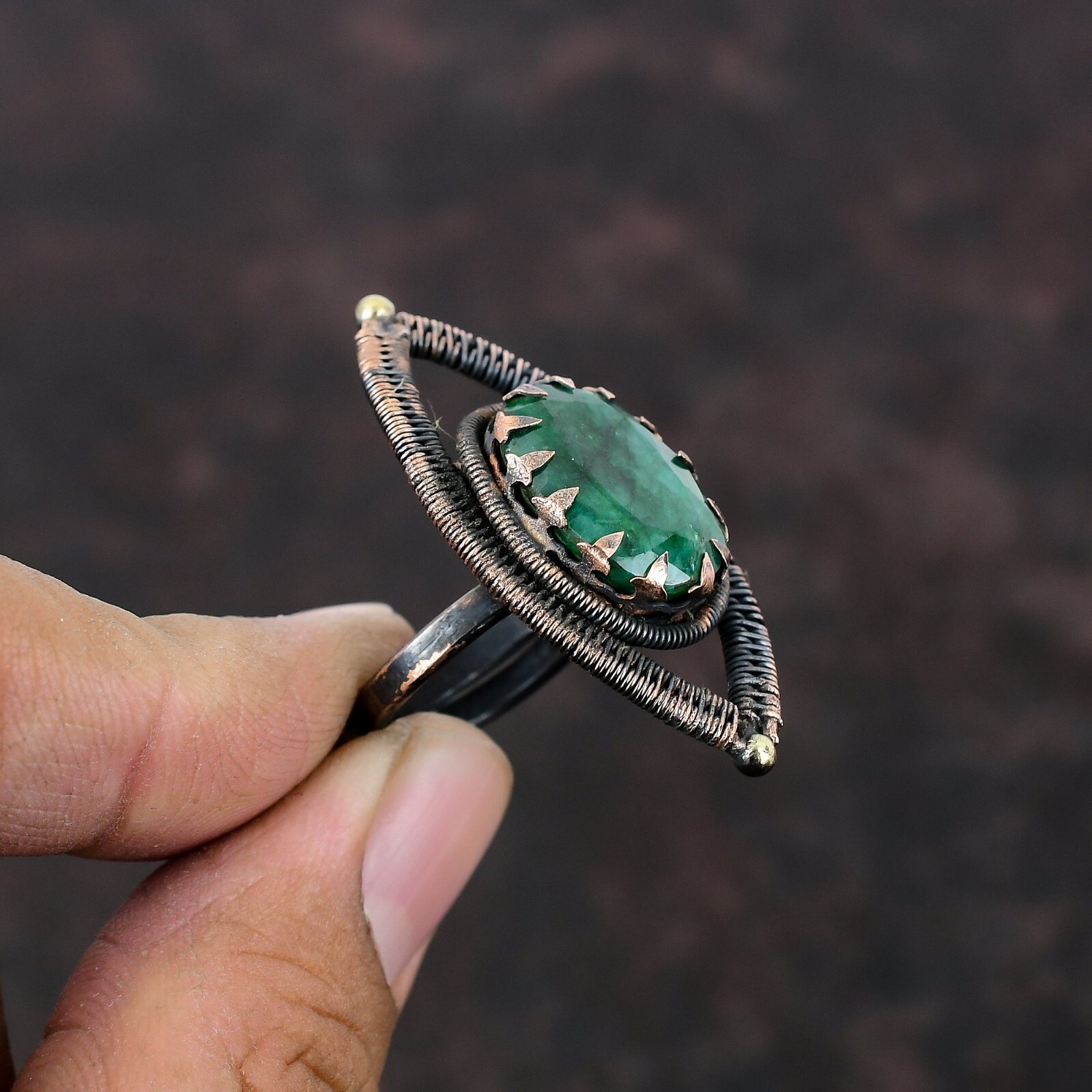 Copper Oval Zambian Emrald Gemstone Wire Wrapped Wedding Statement Ring Jewelry