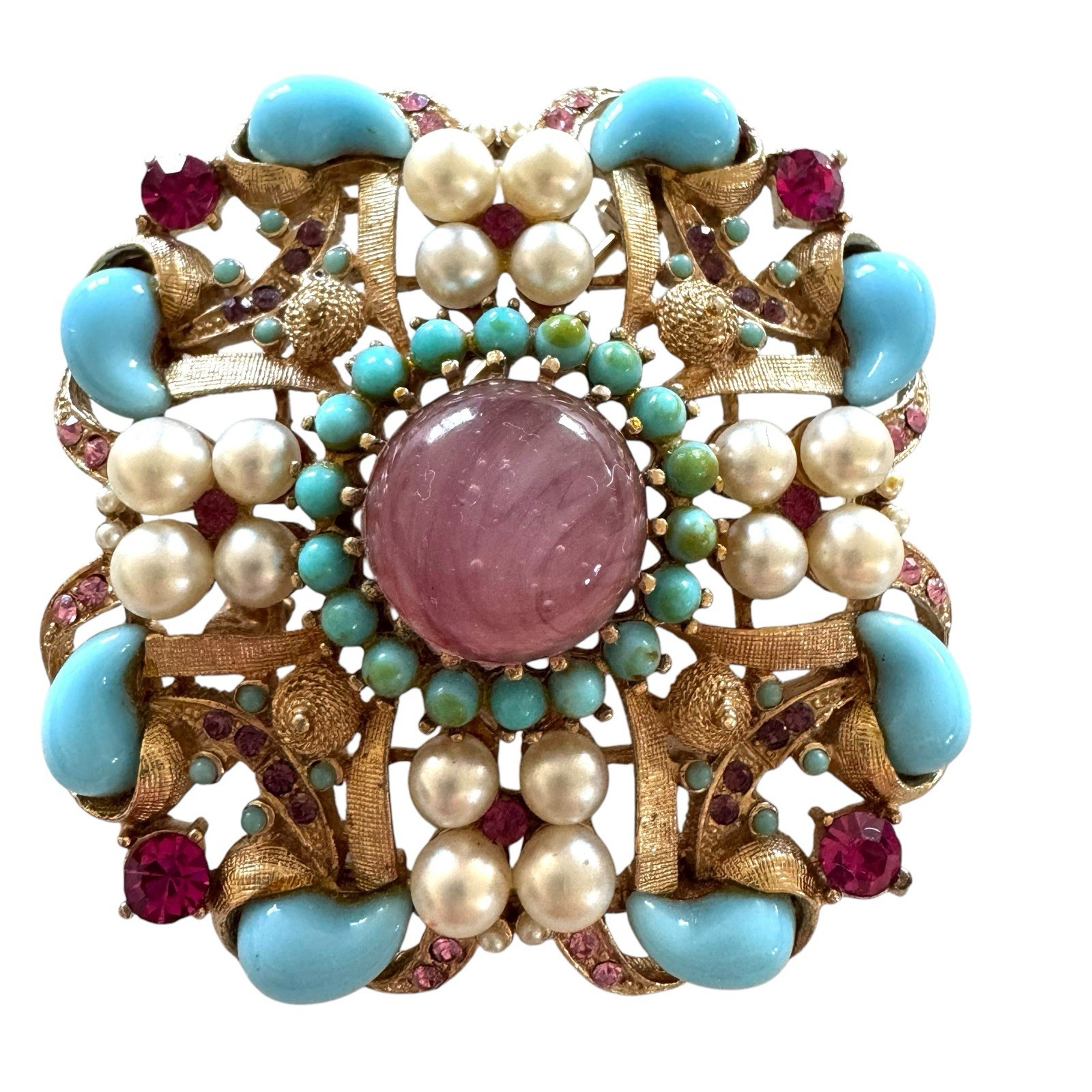 VINTAGE R. Mandle Jeweled Brooch SIGNED Faux Pearl Turquoise Rhinestones Rare