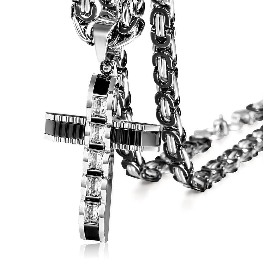 Black&Silver CZ Cross Necklace Pendant Stainless Steel Byzantine Chain 18″-30″