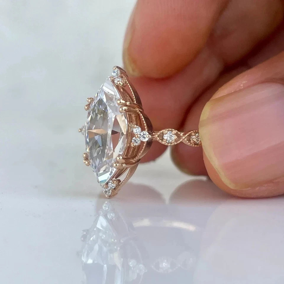 Diamond Ring Lab Grown Marquise Cut 14k Rose Gold 2.75 Ct IGI Certified VVS E F