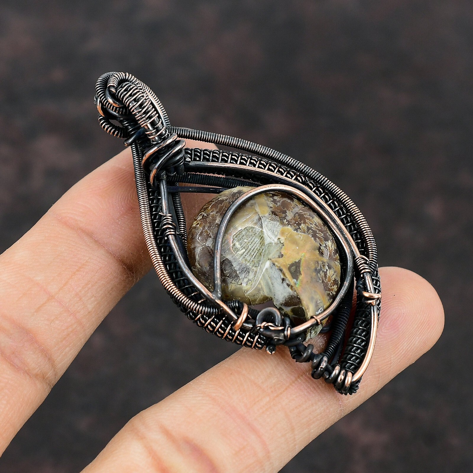Ammonite Fossil Gemstone Jewelry Copper Mother Gift Wire Wrapped Pendant 2.56″