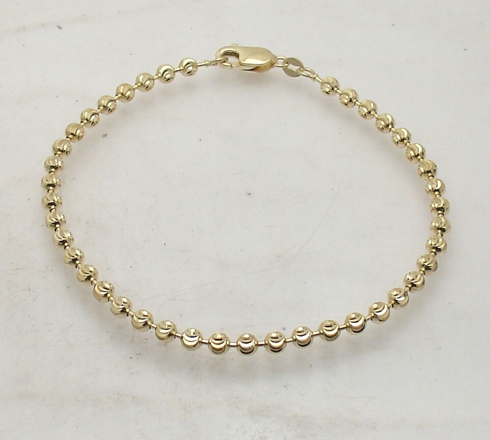 8″ Moon Cut Bead Ball Link Bracelet Lobster Clasp Real Solid 10K Yellow Gold