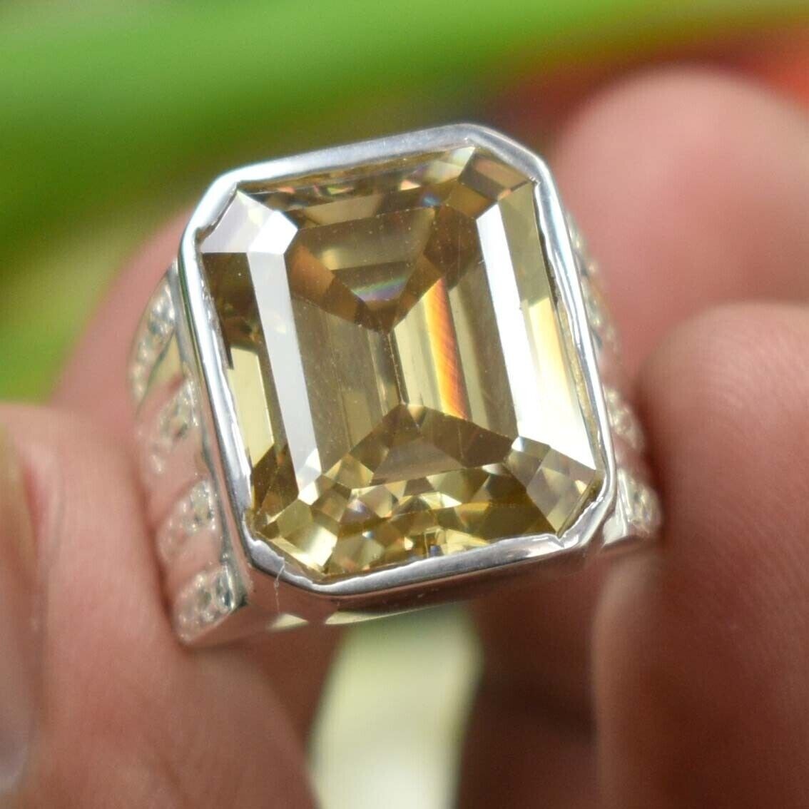 RARE 20.00 Ct Emerald Cut Champagne Treated Diamond Ring 925 Silver