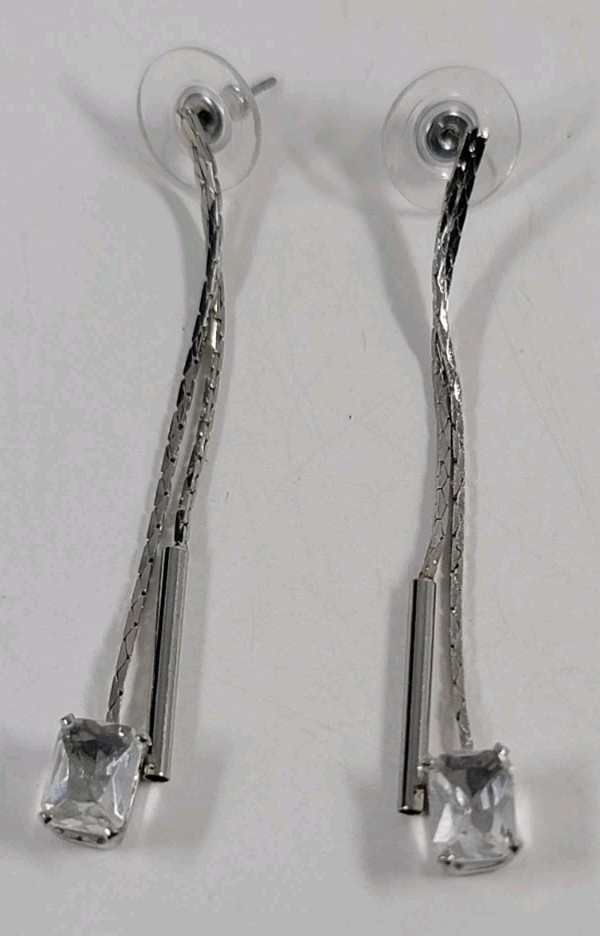 Silver Tone Cubic Zirconia Stud Dress Formal Dangle Drop Earrings Elegant