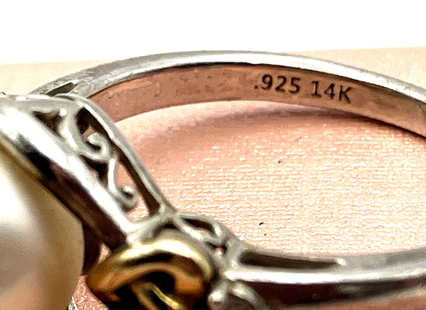 Vintage 14k & Sterling Silver 925 Pearl & Diamond Ring Size 7