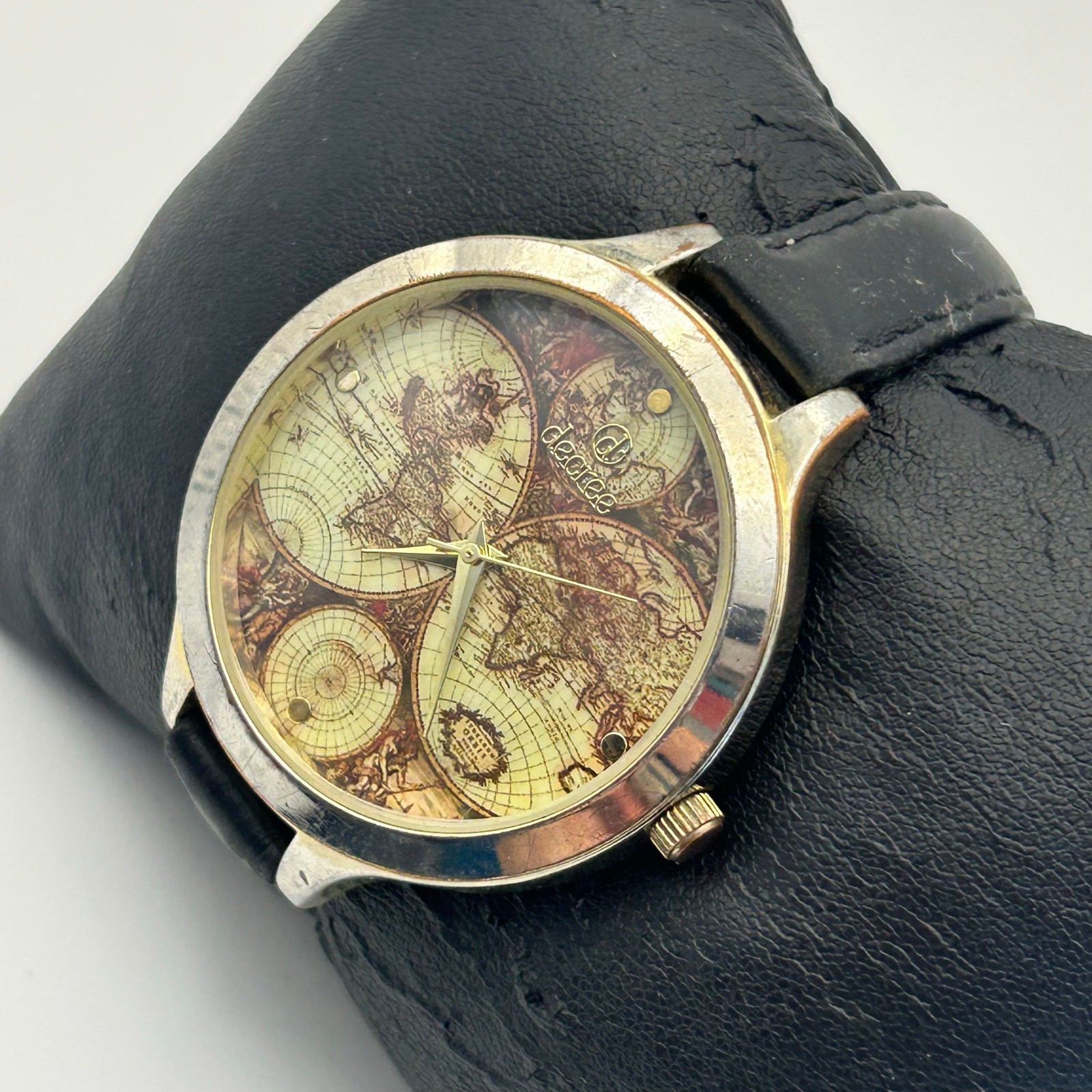 Decree World Map Dial Silver Black Leather Watch Working New Battery