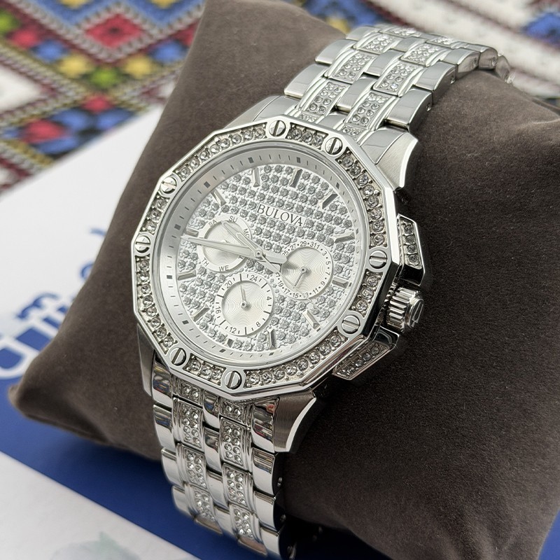 Bulova Men Crystal Octava 98C134 Silver White Dial Diamond Quartz Watch 41.5mm