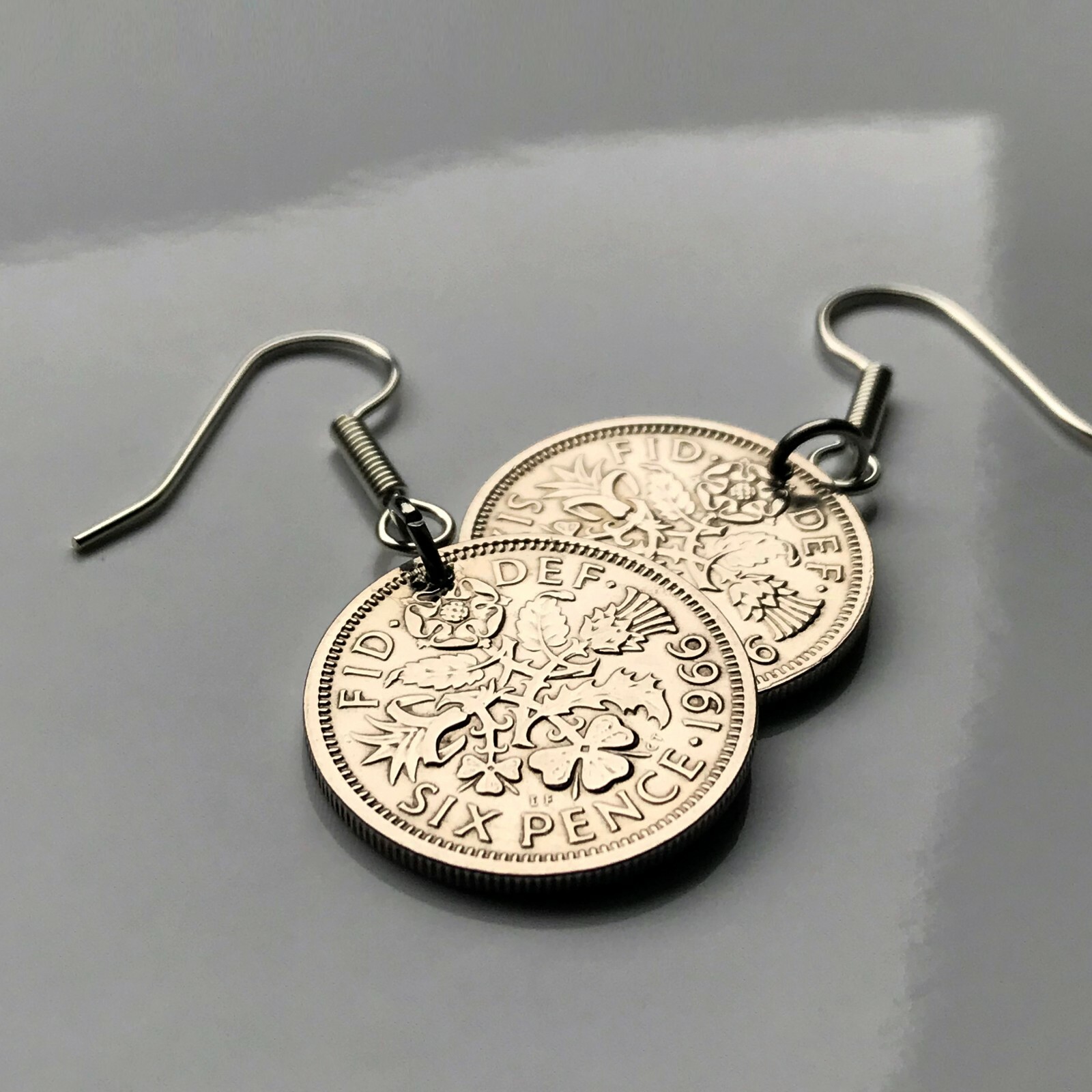 UK 6 Pence coin earrings wedding bride Tudor rose thistle shamrock leek e000011