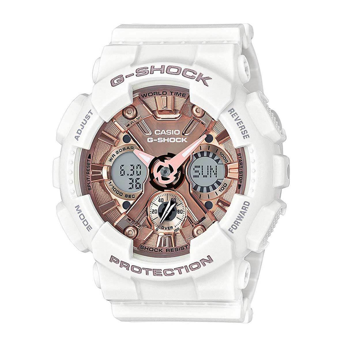 Casio Women’s Watch G-Shock Rose Gold Dial Dive White Strap GMAS120MF-7A2