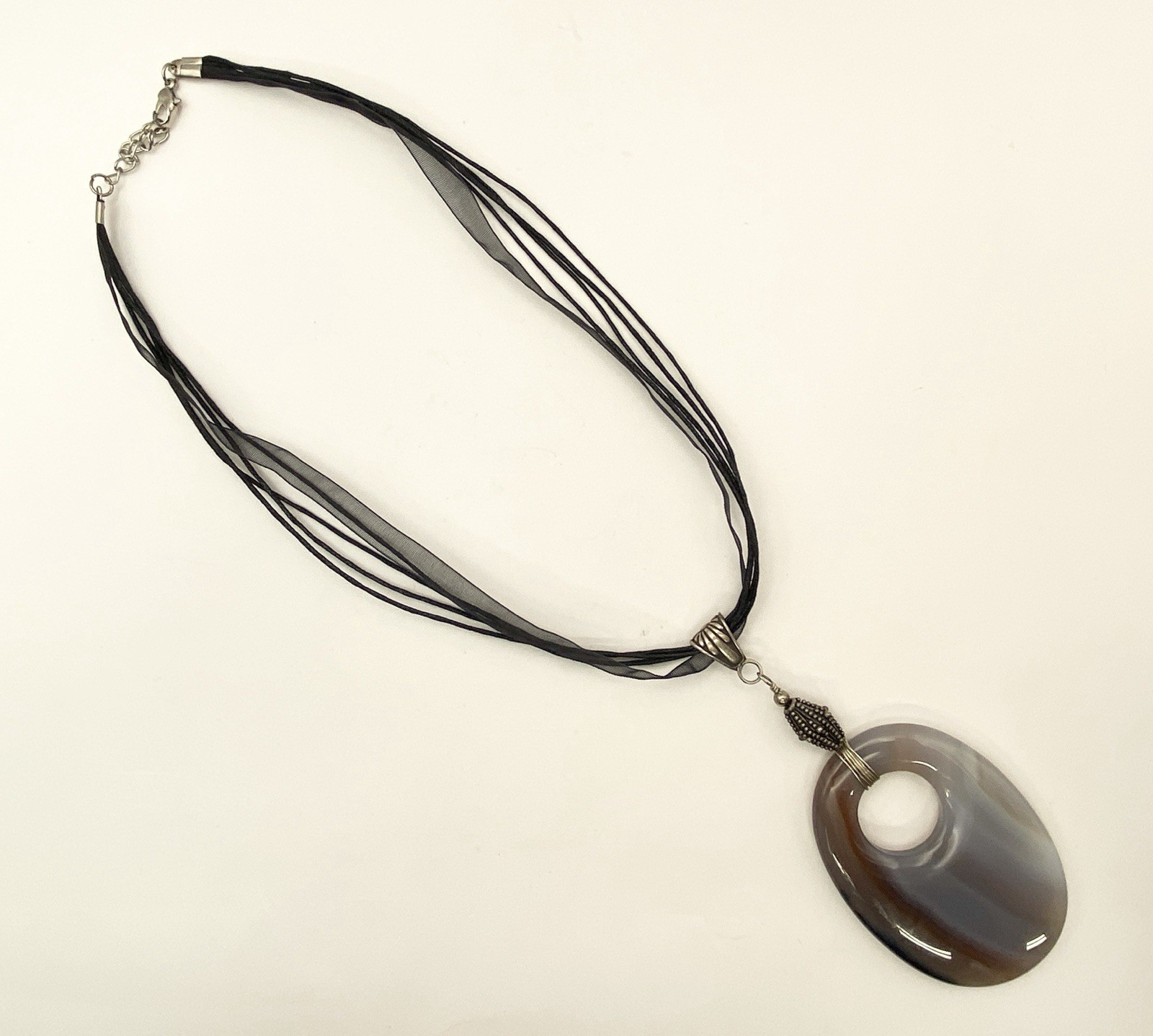 Agate Donut Pendant Necklace Large Oval Striped White Purple Brown Stone