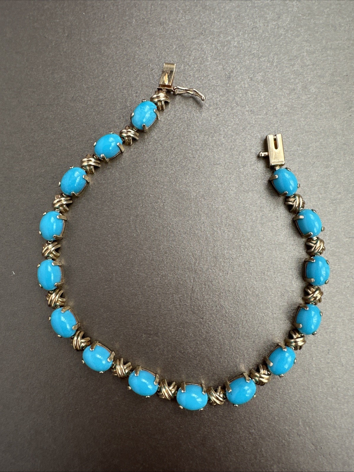14k Yellow Gold Oval Turquoise Tennis Bracelet 7.25”