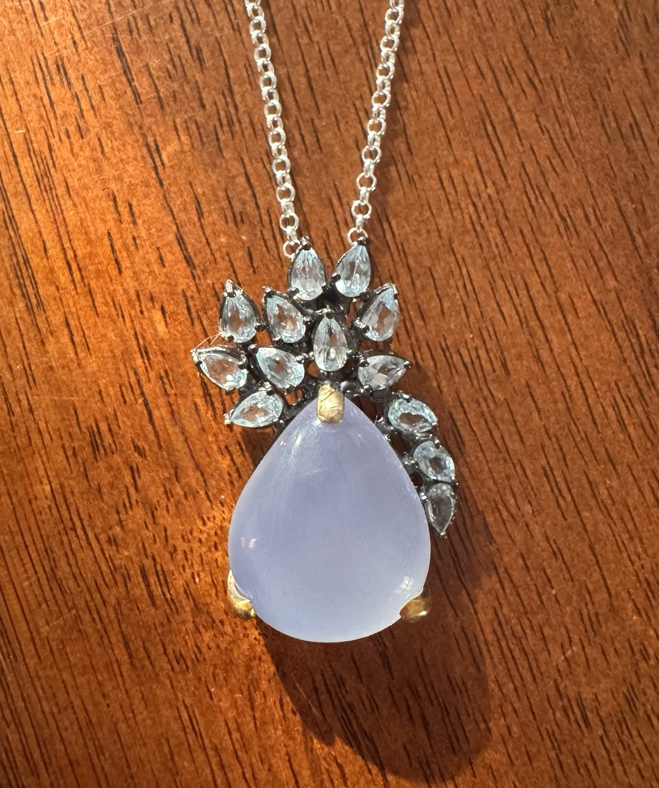 925 Sterling Lavender Chalcedony 18” Necklace Floral Blue Gemstone Pendant