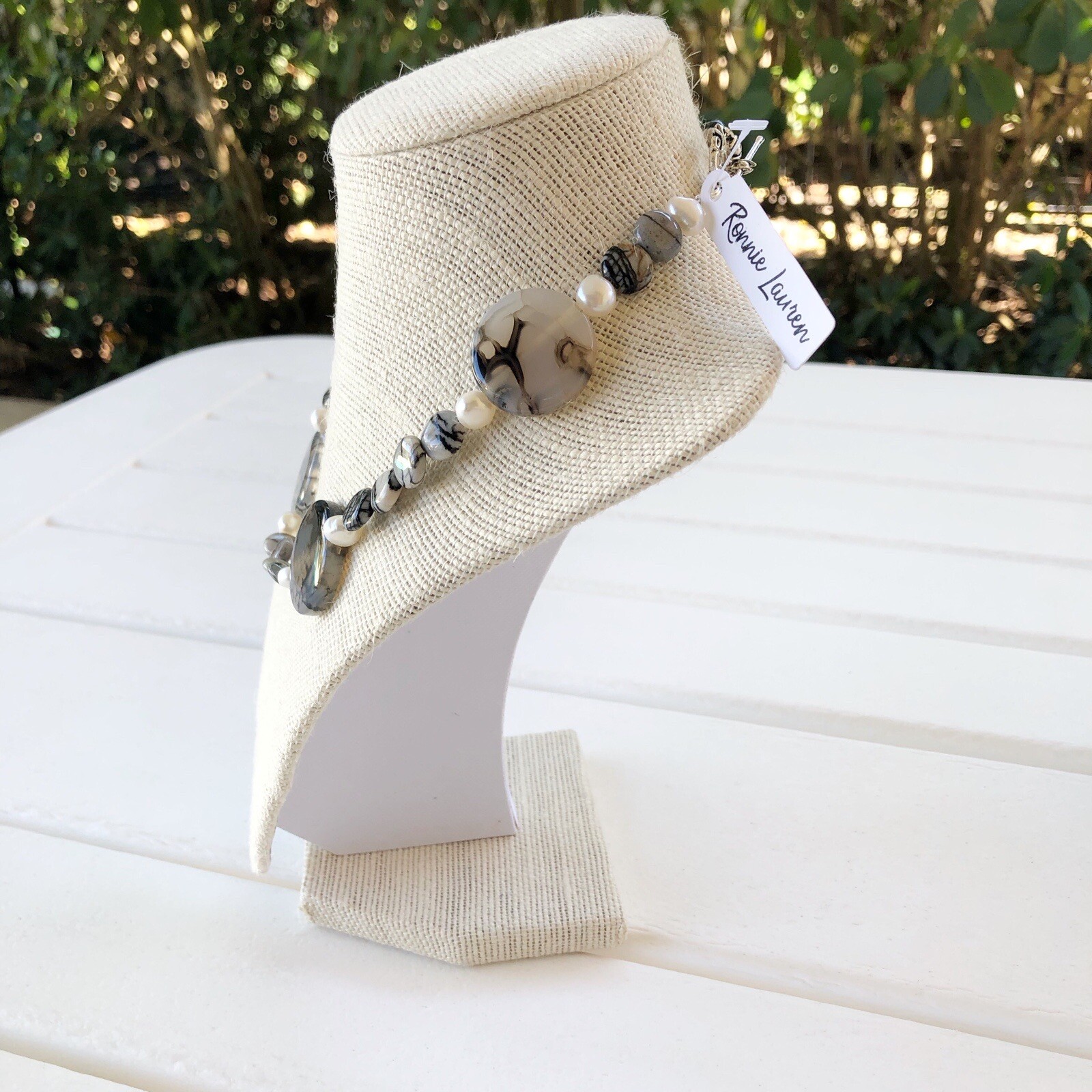 NWT Genuine Black Agate & Pearls Beaded Necklace Black Gray White