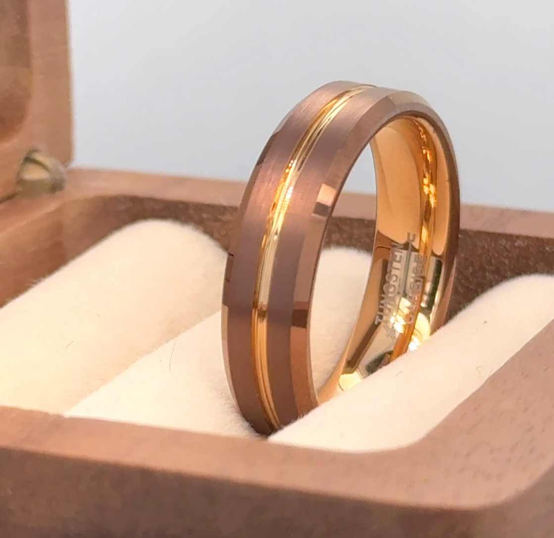 Brown & Rose Gold Tungsten Band Groove Brushed Polished Ring For Valentine Gifts