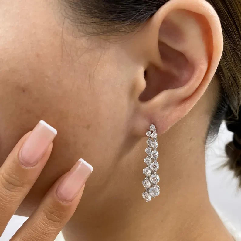 Round Cut Lab Grown Diamond For Engagement Gift Drop Earrings 14k White Gold