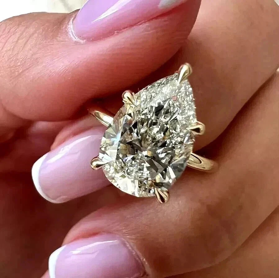 4ct Pear Cut Lab Created Diamond Engagement Solitaire Ring 14K Yellow Gold FN