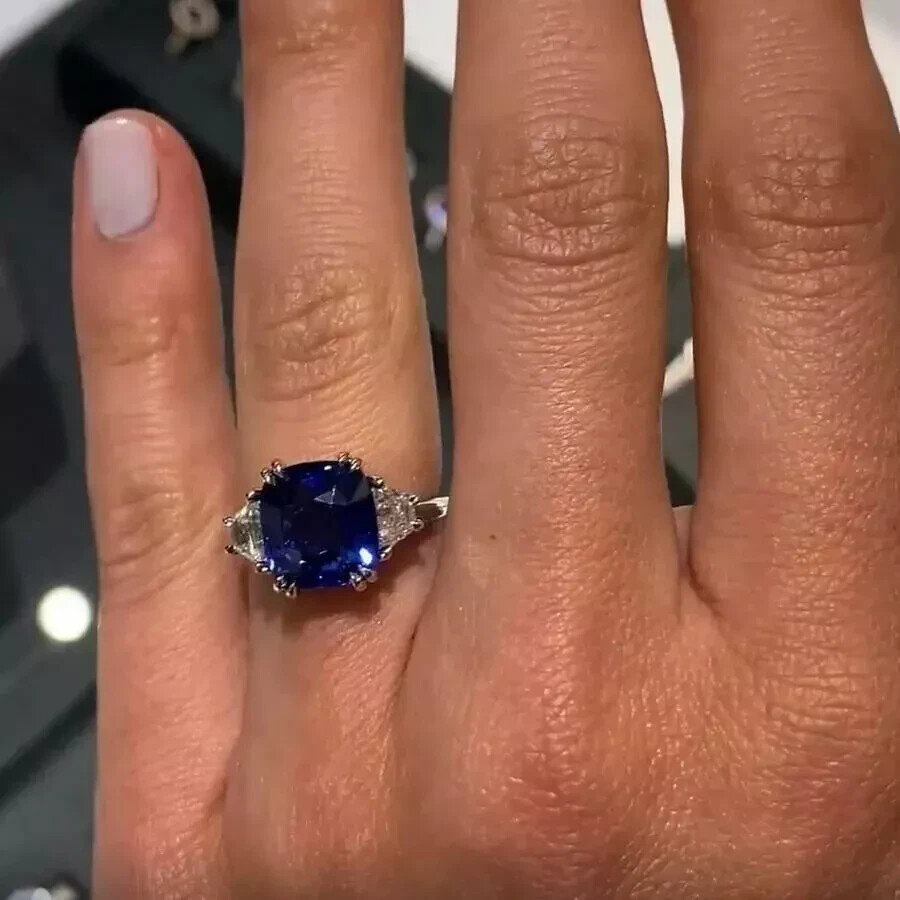 Art Deco Style Lab Created Diamond & Sapphire Engagement 14K White Gold FN Ring