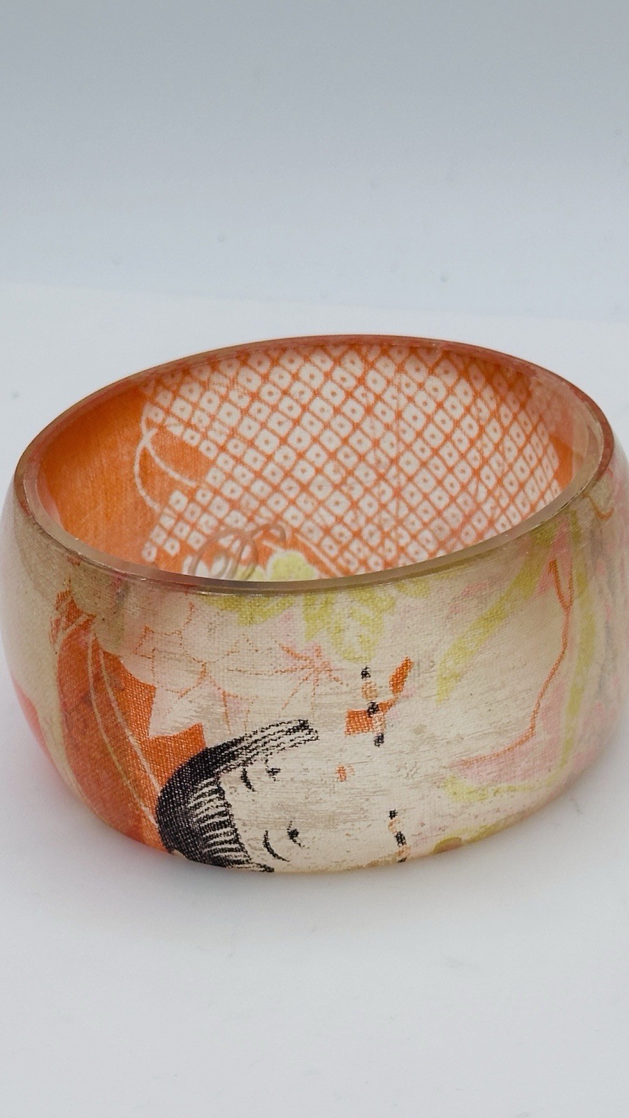Vintage Signed Asian Geisha Decoupage Lucite Wide Bangle Bracelet Orange