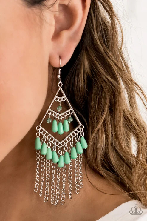 Paparazzi Earrings- Trending Transcendence- Mint Green Beads- Silver Fringe Kite
