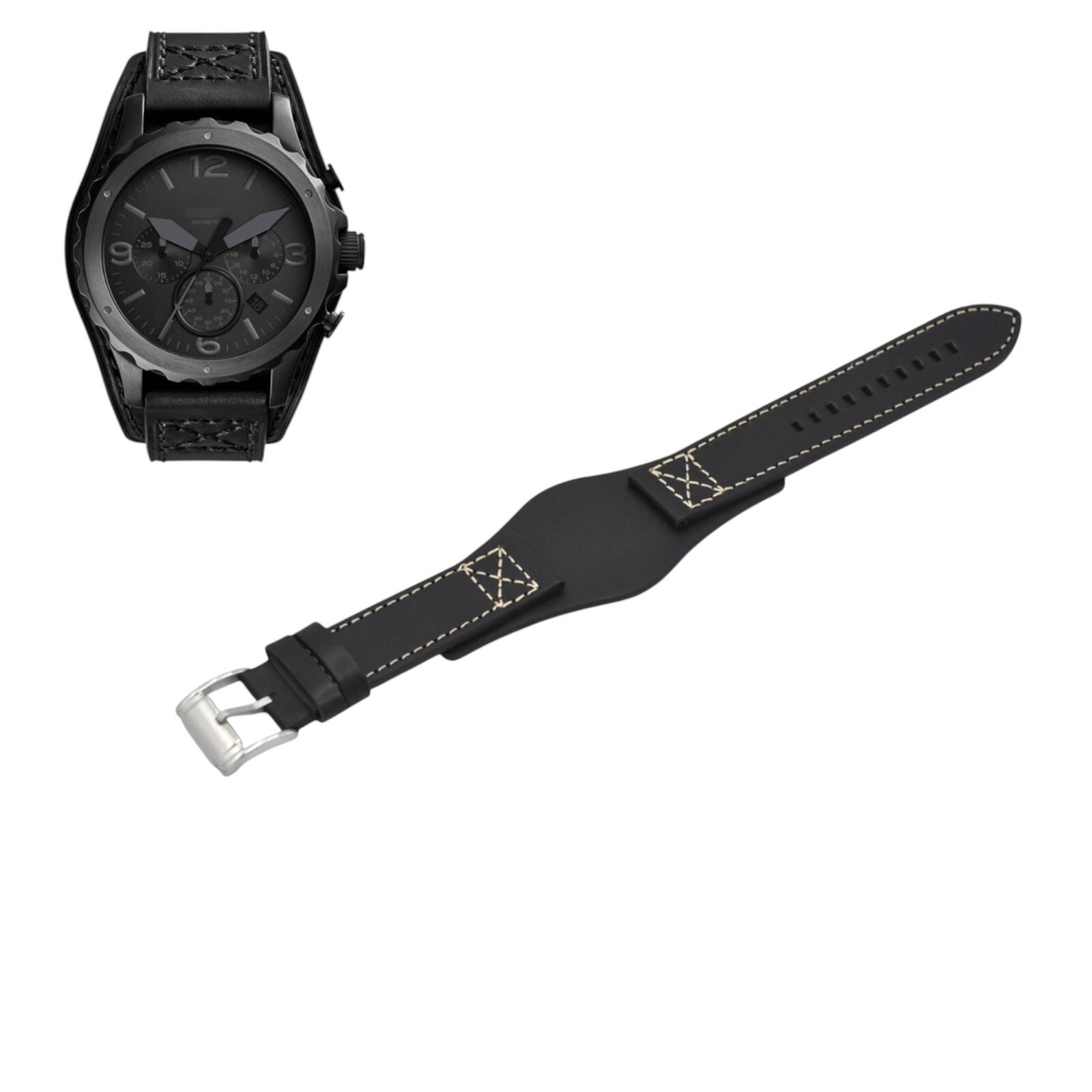 Nate JR1510 22mm Black Leather Watch Strap For Fossil