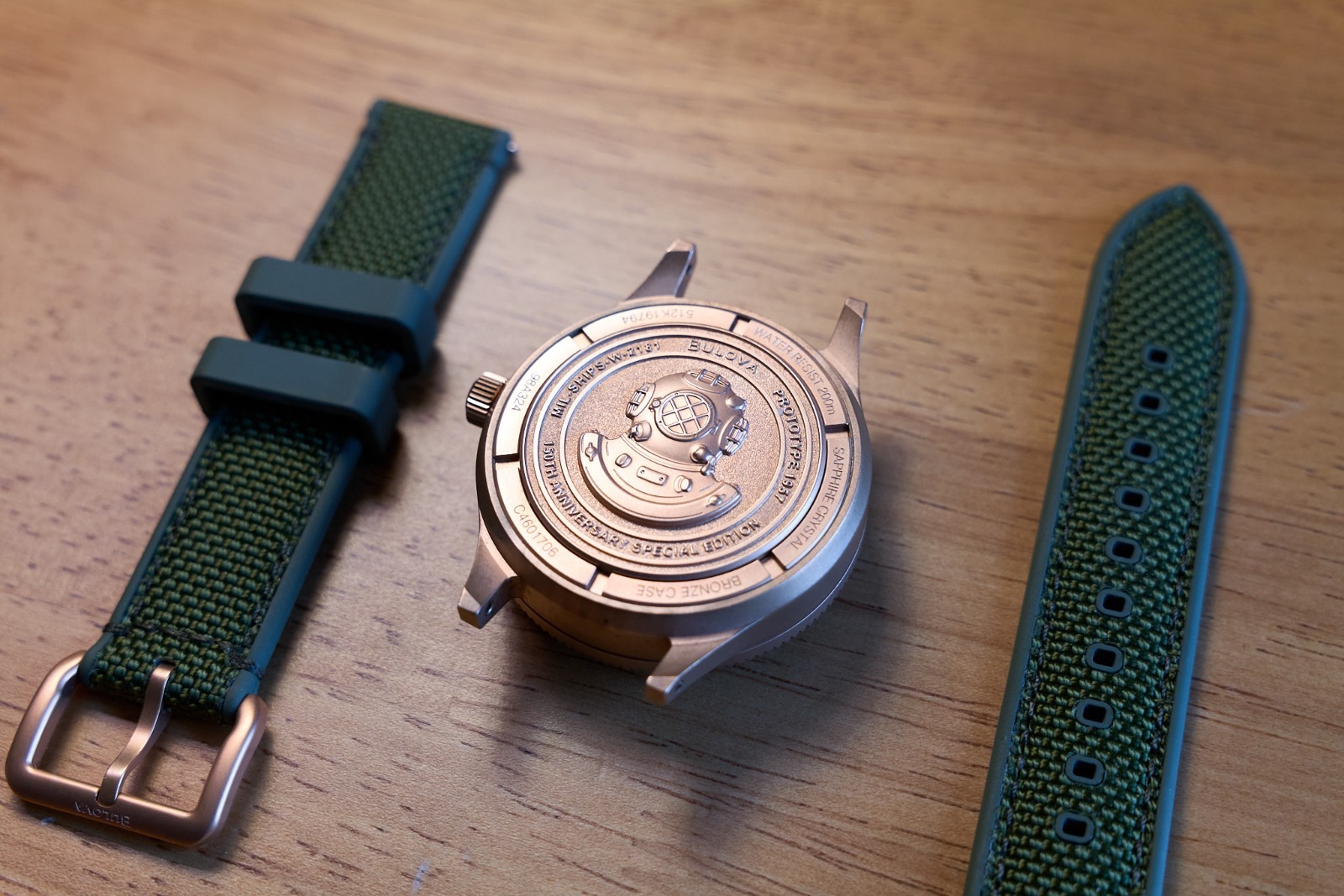 Bulova 98A324 MIL-SHIPS Bronze Auto 150th Anniversary Green Dial Sapphire 200MWR