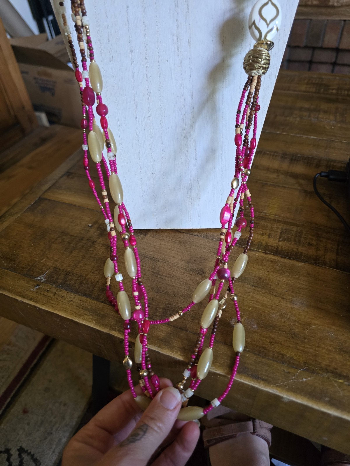 Chico’s Necklace Long Statement Natural Wood Beads Pink Brown Multistrand 36-39″